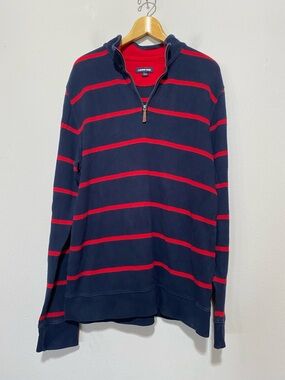 Lands' End Pullover Mens Large Tall Navy Blue/Red Stripe Quarter Zip Preppy